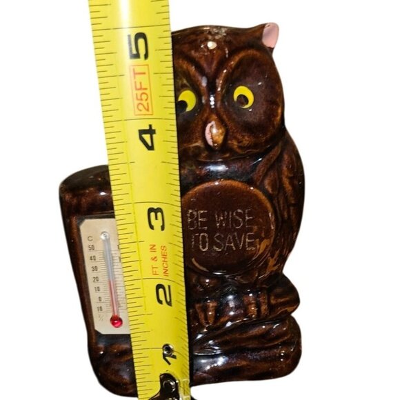 Vintage Ceramic Owl Coin Bank Brown With Thermometer "Be Wise To Save" Design 5" - Picture 2 of 9